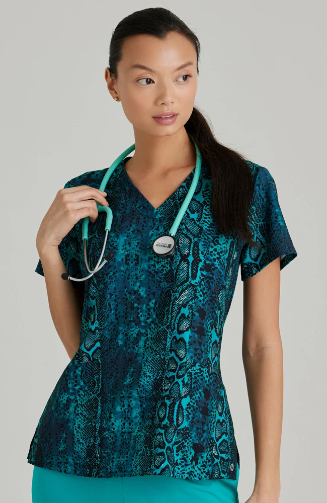 Women's V-Neck Python Play Print Scrub Top