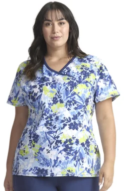 Cherokee Women's Mock Wrap Brushstroke Buds Print Scrub Top