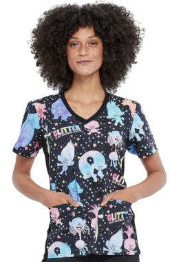 Cherokee Clearance Women's Glitter Trolls Print Scrub Top