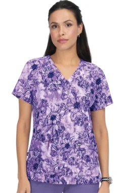 Clearance Women's Early Energy Watercolor Botanical Wisteria Print Scrub Top