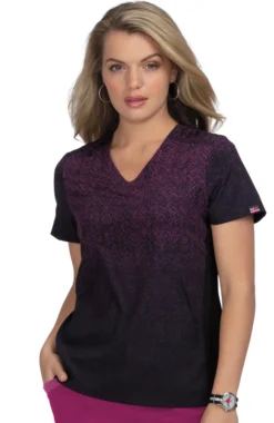 Clearance Women's Passion Herringbone Raspberry Ombre Print Scrub Top