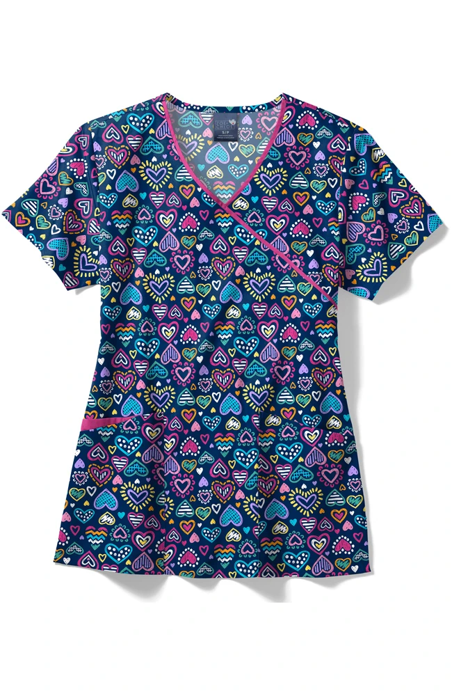 Women's Contrast Mock Wrap Chalk Hearts Print Scrub Top