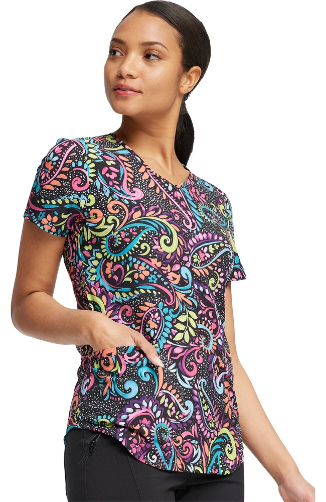 Cherokee Clearance Women's Painted Paisley Print Scrub Top - Image 3